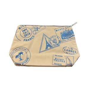 Lancôme Beige Canvas French Travel Pouch in Blue Stamps - Vintage Aesthetic
